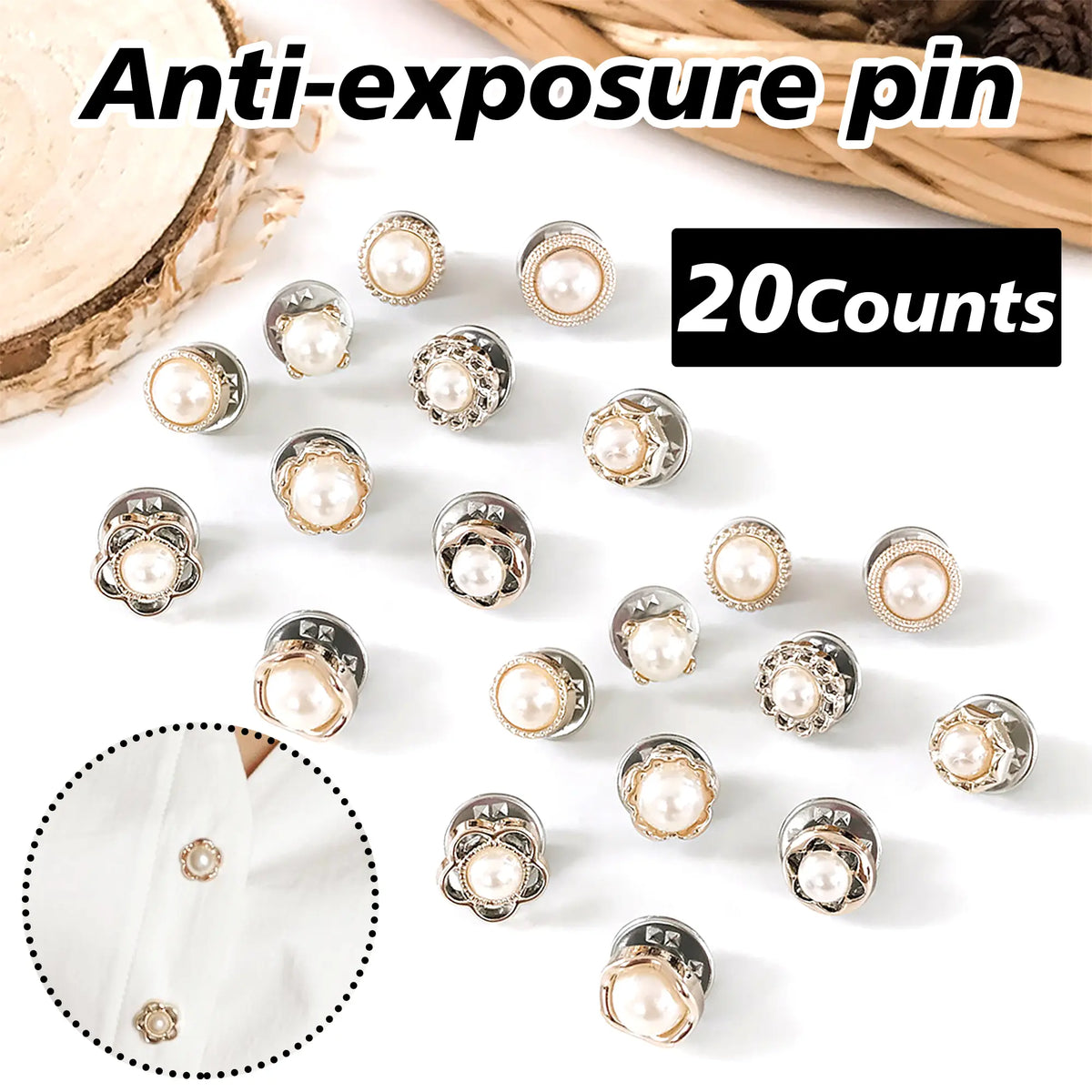 20 Counts Brooch Buttons for Women, Mini Instant Buttons Pins, Assorted Brooch Pins, Pearl Rhinestones Shirt Lapel Brooch Pins, Cover Up Buttons Pins for Clothes Coat Dress Jeans Hat Bags Decor